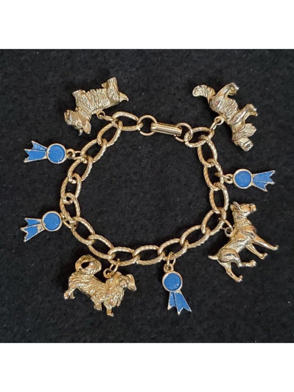 Vintage Charm Bracelet Dogs Blue Ribbons Canine Gold Tone 6.5"